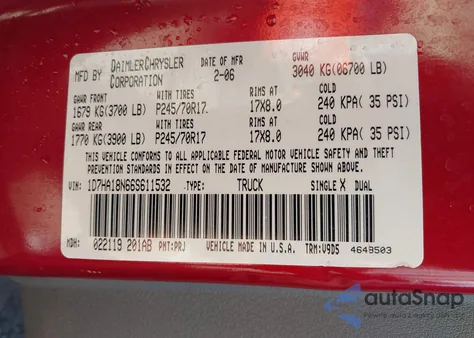 2006 Dodge Ram 1500 Slt from USA, damaged, VIN 1D7HA18N66S611532